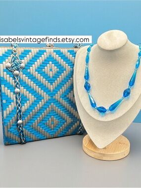 Blue and silver vintage Woven Shoulder Bag with coordinating glass necklace